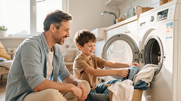Photograph of an adult and a child placing laundry into a front‑loading washing machine in a home laundry area.